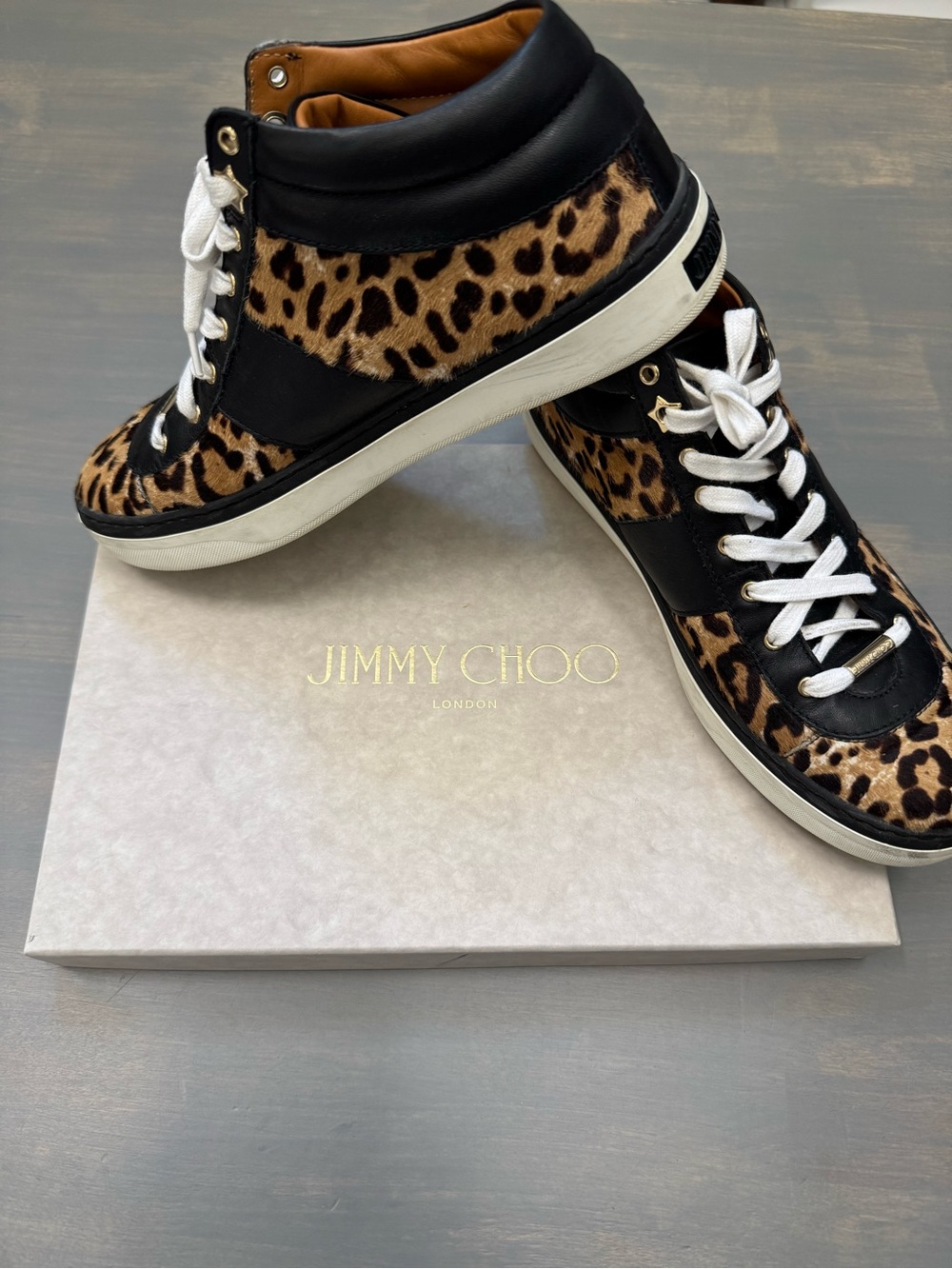 Jimmy Choo Bells-  Leopard Print High-Top Sneakers in Black & Brown